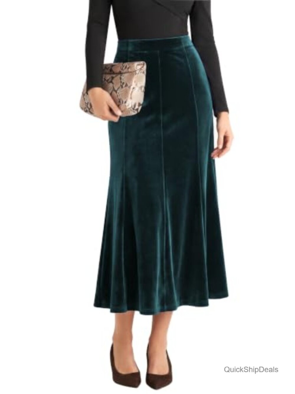 Women's Velvet A-Line Midi Skirt High-Waisted Stretch